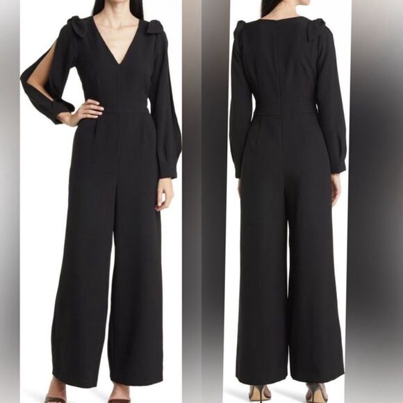 Eliza J NWT Slit Sleeve Wide Leg Crepe Jumpsuit in Black Size 8 - Picture 1 of 7